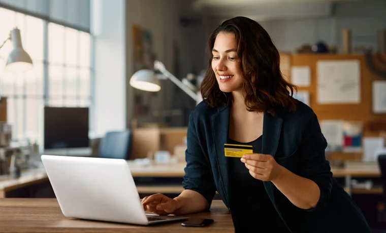 A woman smiles while holding her credit card in front of a laptop preparing to donate online