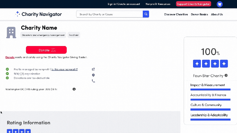 Gif of someone clicking donate on a charity's rating page and seeing the prompts for checkout