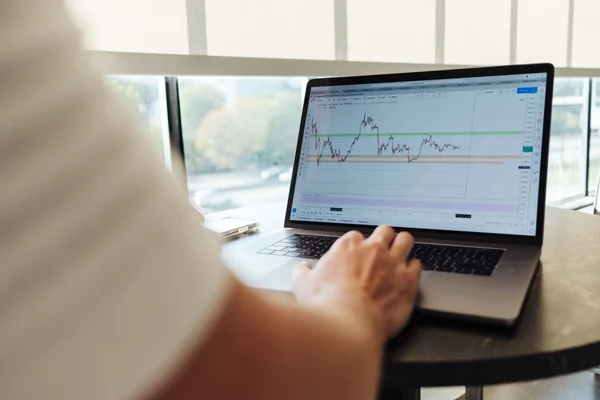an individual sitting infront of their laptop looking at results on a chart graph