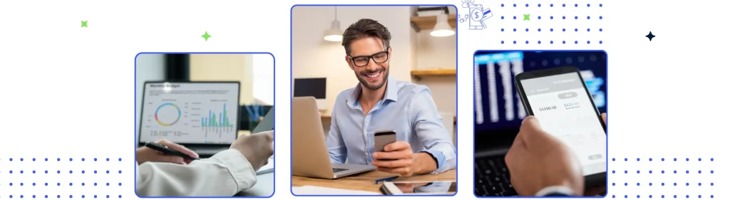 Banner with images of people looking at charts and graphs