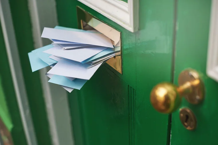 Close-up of someone's door mail slot with several pieces of mail falling through it