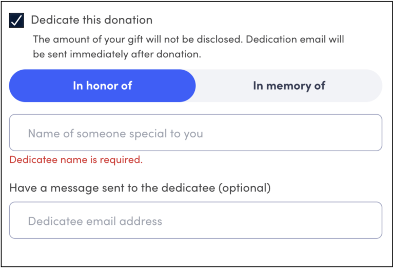 Screen grab of the donation page section with a dedication prompt