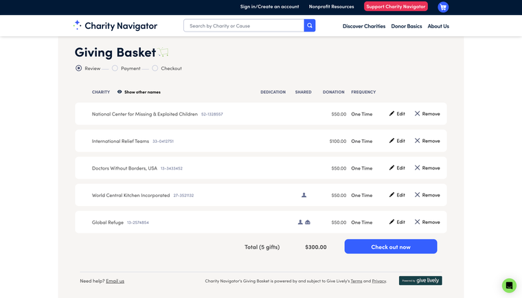 Image of the Giving Basket checkout, with several charities in the basket.