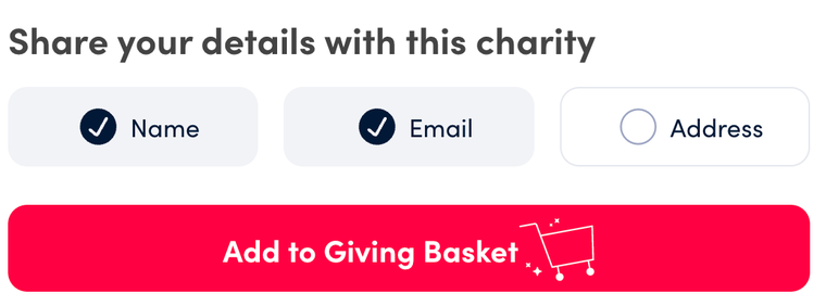 Close up of what the section of the checkout page looks like where you can control which contact information to send to charities at checkout